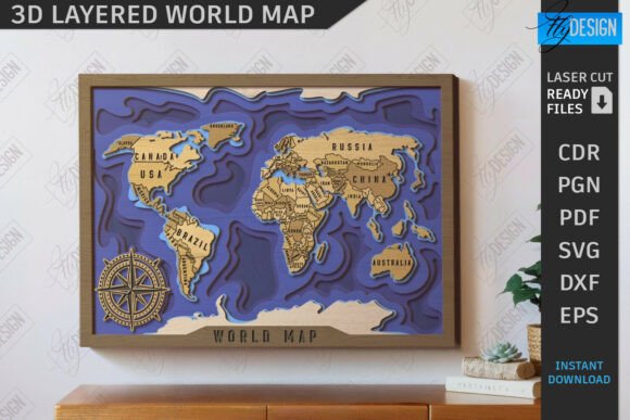 3D Multilayer Wall World Map Laser Cut