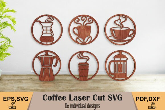 Coffee Cup Kitchen Wall Art SVG: 6 Designs for Laser Cutting