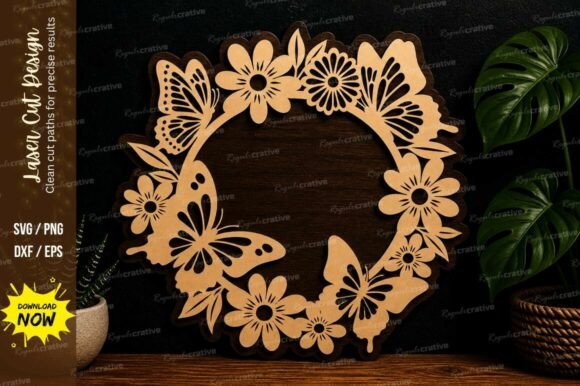 Elegant Floral Butterfly Wreath Laser Cut Svg